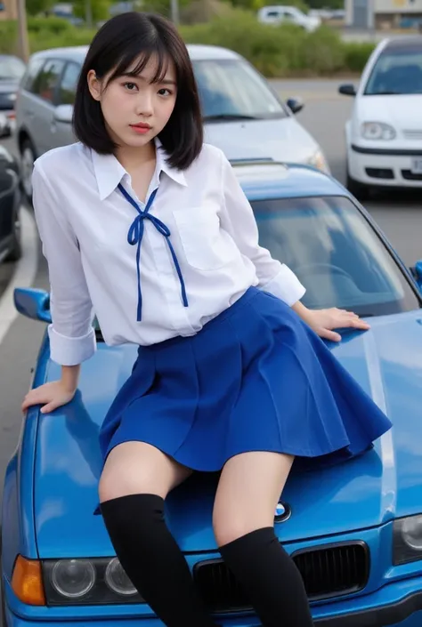 A young woman in a school uniform posing next to a blue car BMW E36 M3. She sitting on the hood of a car. She is wearing a blue skirt, a white blouse, and black knee-high socks. Her hair is styled in a bob with bangs and she is looking directly at the came...