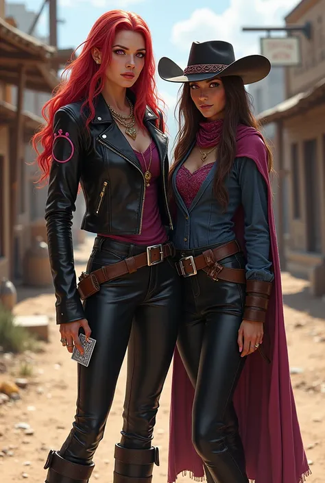 Jessie is a tall woman with long, fiery red hair and striking pink eyes. She has a smirking and superior expression, often exuding a sense of confidence and mockery. Her outfit consists of a black leather jacket with pink accents, dark leather pants, and s...