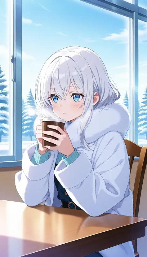 High quality anime art, Anime, long white hair, blue eyes, highly detailed face, elegant, open white fur coat, Winter day, café background , sitting on a chair at a café table, holding coffee, Near window, vibrant colors, cold lighting tone, Gloomy mood, H...