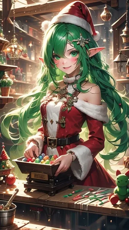 A vibrant and magical fantasy artwork featuring the female Elf Mage inside a whimsical toy factory. The female Elf Mage is clad in green armor adorned with red and white details, inspired by Santas elves. They wield a candy cane-shaped staff radiating magi...