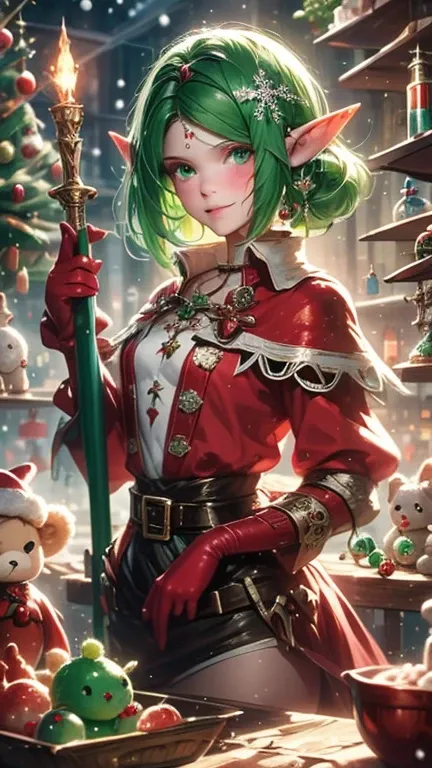 A vibrant and magical fantasy artwork featuring the female Elf Mage inside a whimsical toy factory. The female Elf Mage is clad in green armor adorned with red and white details, inspired by Santas elves. They wield a candy cane-shaped staff radiating magi...