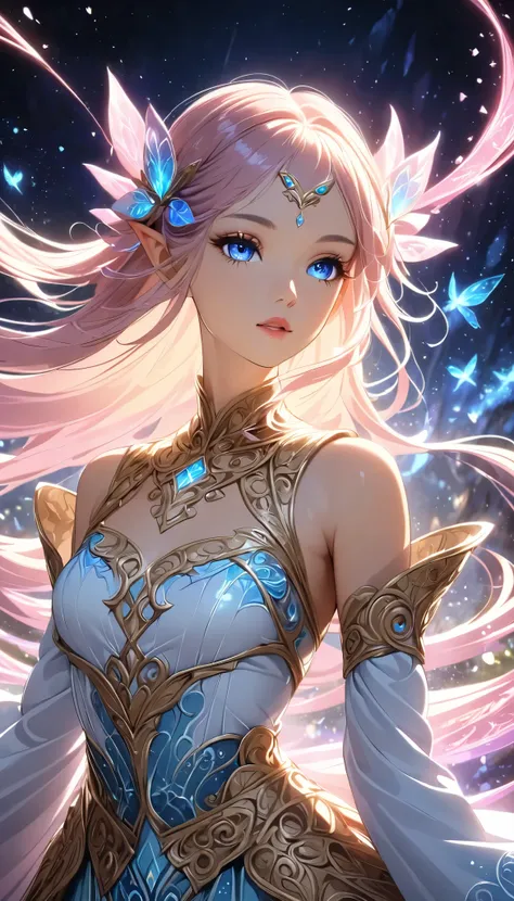Beautiful Elf, elf girl , anime style , Delicate Elf Characteristics, Detailed portrait, beautiful detailed eyes, Beautiful Detailed Lips, very detailed顔, long eyelashes, cowboy shot, Intricate Fantasy Outfits , Magical Sparkling Effects, bright c...