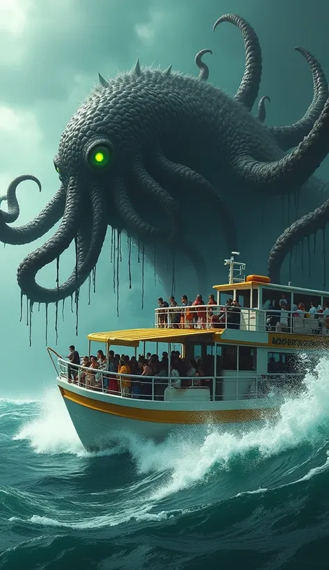 A hyper-realistic photograph of a monstrous, tentacled creature partially emerging from the water near a colorful tourist boat. Its dark, slimy appendages writhe in the air, dripping with seawater, while its glowing green eyes peer ominously above the surf...