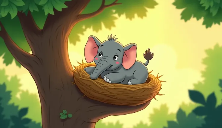 A cartoon bird is sitting in its nest on a branch of a tree and the same tree is supported by a  cartoon elephant baby.  Beautiful light yellow and green forest.  Video view for s