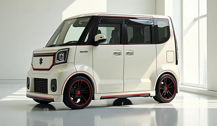 "A side doors view of a highly modified Suzuki Daihatsu Hijet mini van with a stunning design. The van features a glossy finish in creamy white with bold modifications. Thin red lines run horizontally along the side doors, adding a bold contrast to the cre...