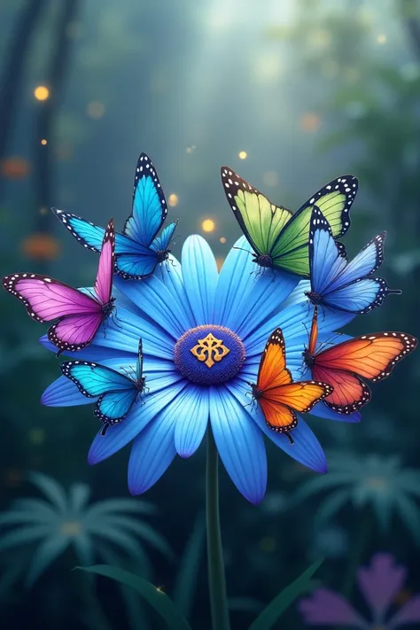 Butterflies of seven colours of violet, indigo, blue, green, yellow, orange and red colours as rainbow are sitting on one blue  colour flower . They are sitting on that flower and taking honey simultaneously. A swastik symbol in middle of  blue flower