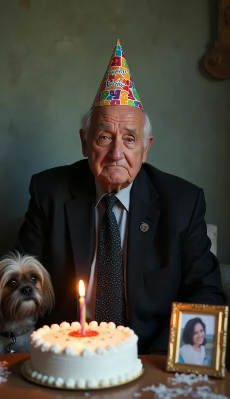 An elderly man in a ROOM. He is sitting at a SMALL table with a sad, introspective expression.
expression. The man is wearing a black suit with a black tie with white polka dots that is loose and faded as if it had been put on wrong. He is clean-shaven and...