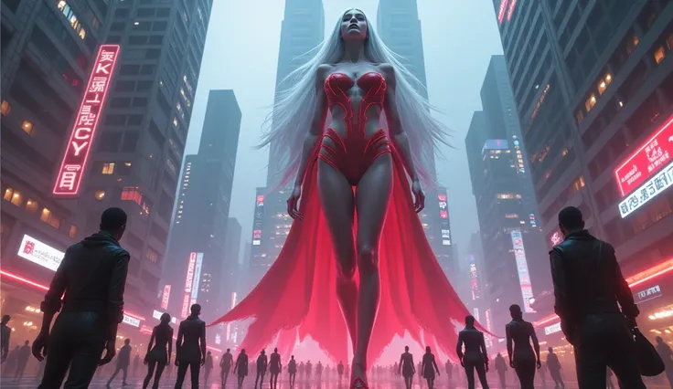 giantess art, a hyperrealistic, Super huge woman bigger than a skyscraper with white hair very attractive, majestic look, She has a beautiful, full chest and a wide cleavage, sexy cyber punk dress red with neon details, no underwear, shoes are taken off, F...