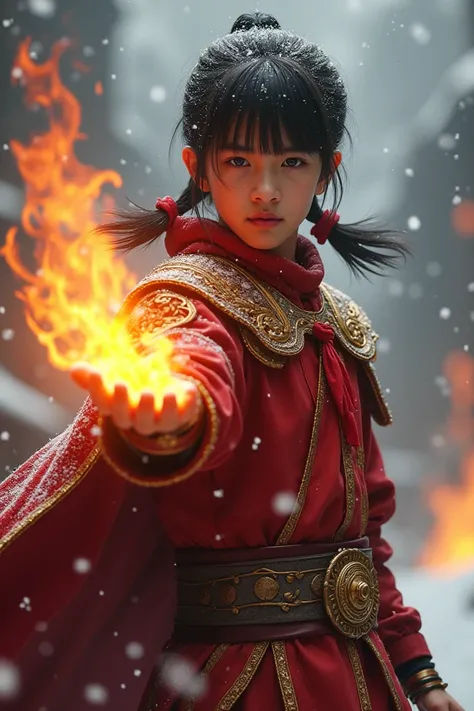  Young and handsome knight , black hair combed back in pigtails up , with a red pigtail tie of gold ornament , wears red combat robe gold ornament, red pants , red shoe gold ornament ,fire controller , flaming fiery hand , standing gallantly against the ba...