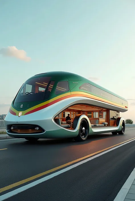 "A futuristic, white luxury car designed like a double-decker bus. The lower deck resembles a sleek, modern yacht interior, featuring panoramic windows, comfortable seating, a small bar, and elegant wooden finishes. The upper deck resembles a high-tech dri...