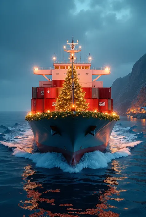 Create a realistic christmas card with a christmas decorated container ship and the wishes "Merry christmas and a happy new year" written in it 