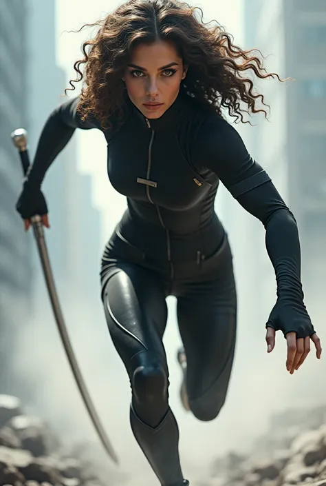 Create an image of a white female superhero with VERY curly and medium dark brown hair, with slanted eyes, and she has a uniform in black and gray , With the sword weapon and with the super speed power 