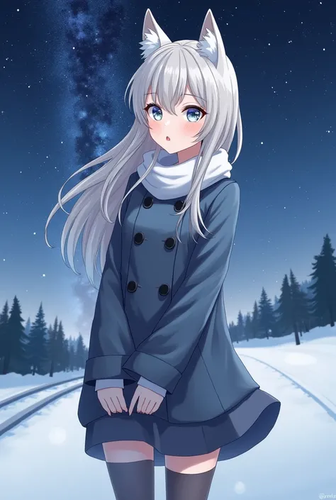 female, light gray hair,  collapse Starrail ,  Korea  , Wolf ears, female 울프컷, galaxy train background ,  sky blue milky way snow, comeliness, Decadence,  animation style, Wolf ears의 바깥쪽과 안쪽의 색깔을 동일하게, Height 175cm