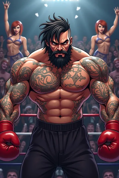 Rough boxer with an intimidating appearance, with tattoos, a beard, medium-length disheveled hair, an annoyed look, in a fighting stance, in the middle of an ring,With an excited audience in the background and sensual hostesses,in anime style