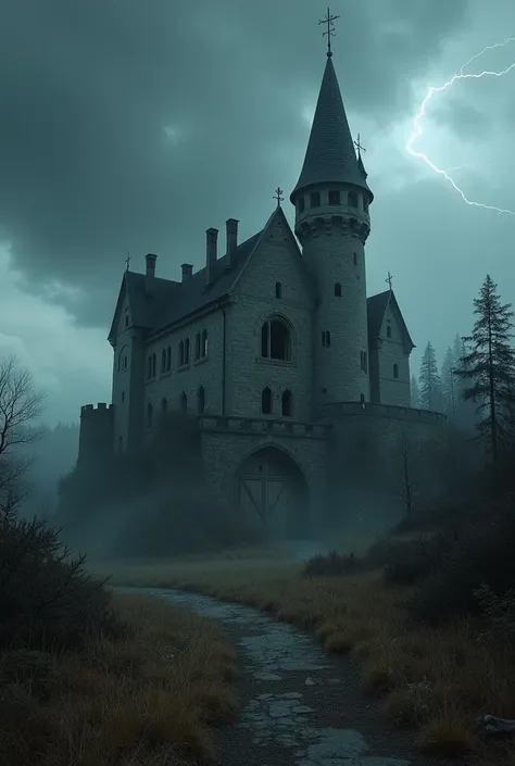 "Dark, eerie medieval castle perched on a hill, surrounded by a dense, fog-covered forest. The castle is made of weathered stone with cracked walls, a tall, towering spire, and large, broken windows. A stormy sky looms overhead with swirling dark clouds an...