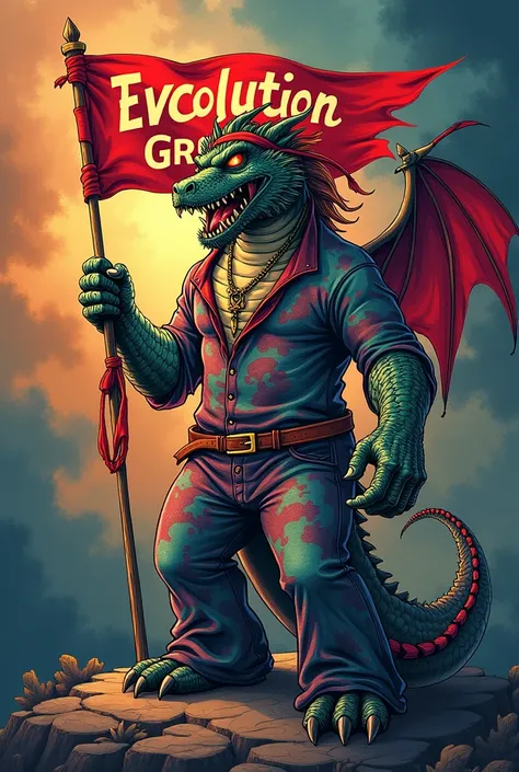 MrBeast logo that has instead of a wolf an angry dragon dressed as a hippie holding a flag that says evolution group 