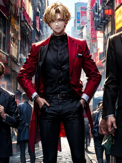 masterpiece,(bestquality),highlydetailed,ultra-detailed,1men,21 year old young man(glowingeyes:Red,:1.2,elongatedears:0.8),(Black Pants、Wear a burgundy  ショート丈jacket 、 stand collar ホワイトshirt:1.4)（In the city）,(イケメン、Handsome、Short blonde hair with bangs） (Fo...