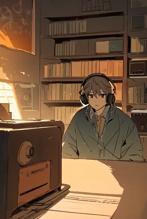 A lively and engaging scene of Kakkou broadcasting in a radio studio surrounded by bookshelves. He is wearing headphones and speaking into a vintage microphone. The studio is warmly lit, with a vintage radio adding to the nostalgic atmosphere. The composit...