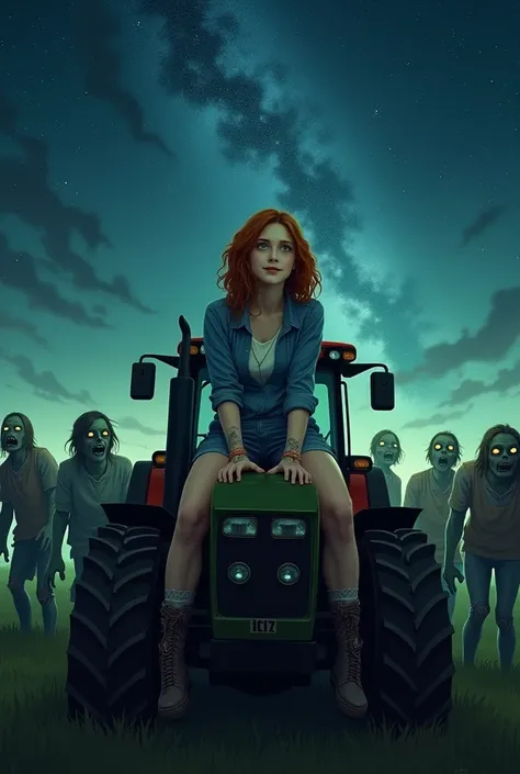 an 18-year-old girl,  green eyes, reddish brown hair, on top of a tractor with several zombies surrounding her symbolising her end ,  as she looks up toward the beautiful starry night sky with a smile and tears in her eyes that are no longer possible to se...