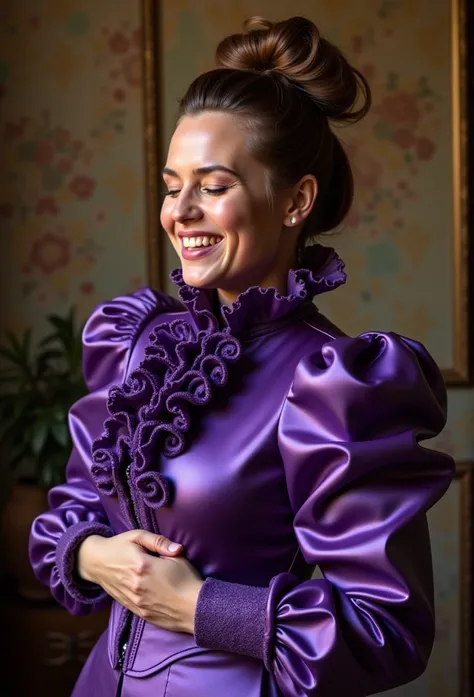 (realistic photograph close up sideways cheerful victorian), (a looking beautiful smiling woman having an orgasm with (messy hair bun)), (she is wearing (an exaggerated elaborate shiny purple high neck outfit with (huge puff sleeves), (and a narrow very hi...