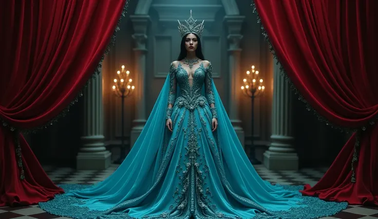 Gothic queen dressed all in turquoise blue with luxurious beads in her castle with velvety red curtains illuminated by black candles, melancholic climate,  high definition , 4K