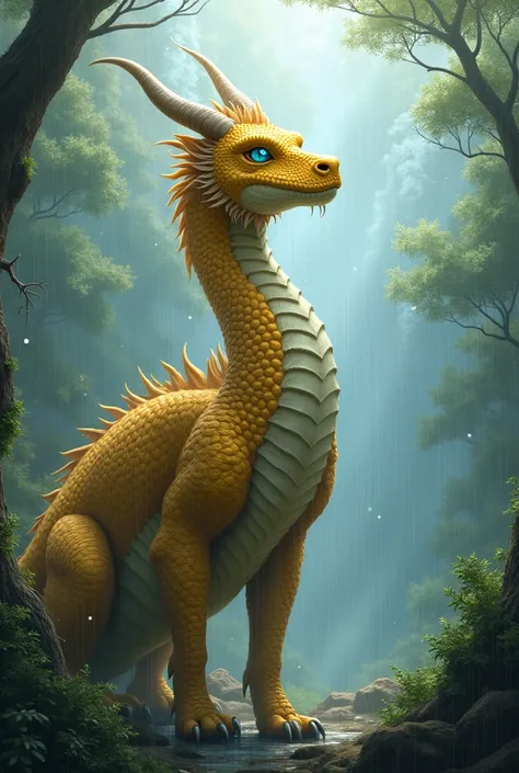 Big, tall, blue-eyed golden dragon standing in front of a forest by a tree.
There were two horns, there were clouds, there was rain. 