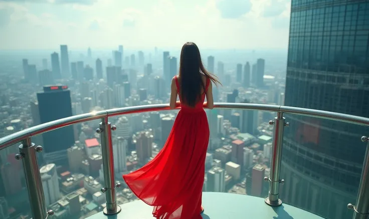 A girl with red dress on the top of Baiyoke Tower Thailand