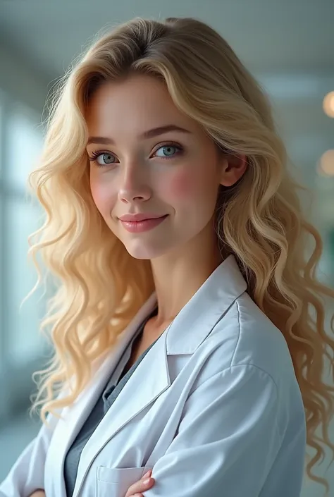 
young lady Dr with blonde curly hair side pose