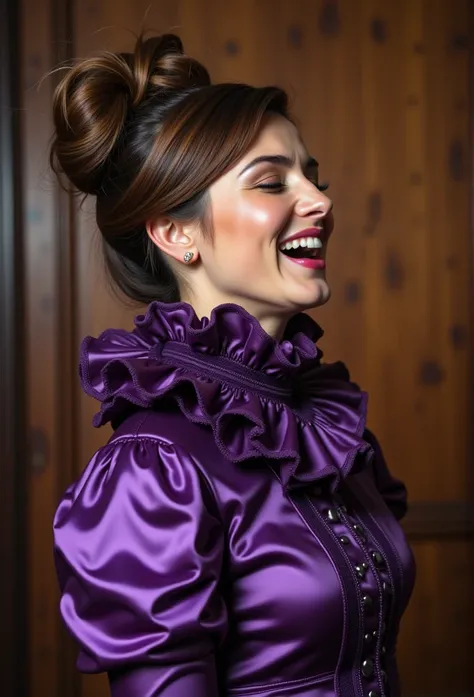 (realistic photograph close up sideways cheerful victorian), (a looking beautiful smiling woman having an orgasm with (messy hair bun)), (she is wearing (an exaggerated elaborate shiny purple high neck outfit with (huge puff sleeves), (and a narrow very hi...