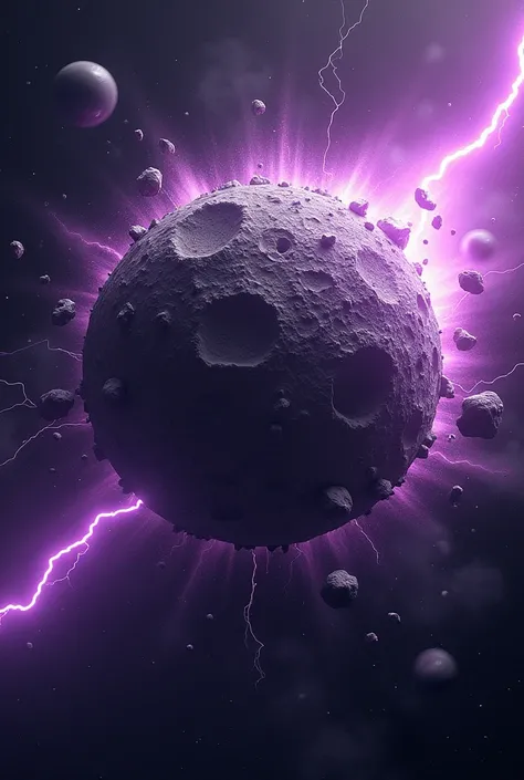 The moon-like astroid, charged with purple lightning, shattered into several pieces and exploded.