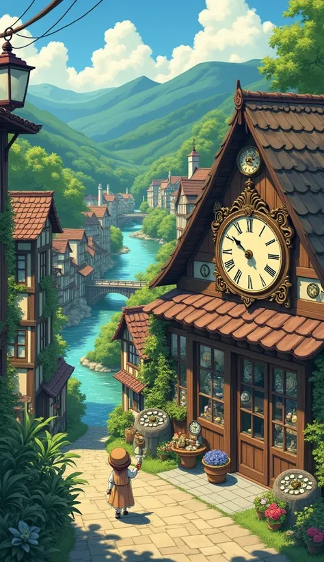 In a small town hidden in a valley, there is an old clock shop. Ask for a ghibli cartoon picture.