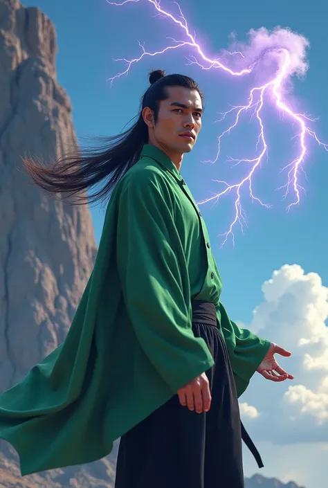  high resolution image in the form of a hyper realistic image of a handsome man long hair tied in a green cloaked ponytail, Wear black baggy pants white shoes a la Bruce Lee black ,  using 
purple lightning that forms the writing of numbers  "19-12-2024 " ...