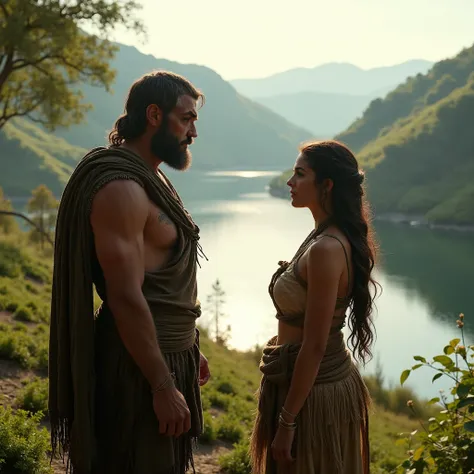 Neolithic man talking to a Neolithic girl in a valley, with the lake in the background. She is with her back to him. He is in the foreground. Focus on the man. Early morning. European Neolithic village. Realistic image.