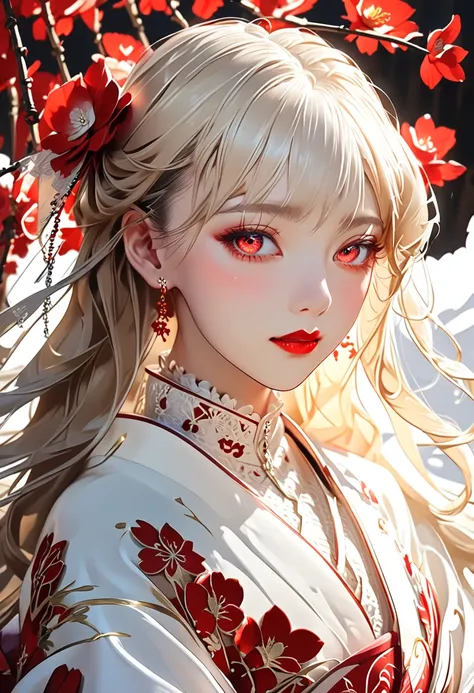 Fukamados Daughter 。 A beautiful blond woman who seems to have melted gold 。Droopy eyes。 crimson eyes that tend to stand down and are ephemeral 。Pale, soft skin like snow 。Cherry-colored lips。Red pattern on outer corner of eye。Mysterious and adorable 。ephe...