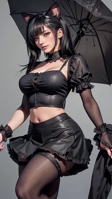 a cat girl smiling, goth clothing style, lace cloth clothing, wearing a mini ruffled skirt and crop shirt, shirt with short puffy sleeves, nylons, strap pumps, holding an umbrella, floating, creepy, horror style, dynamic pose
