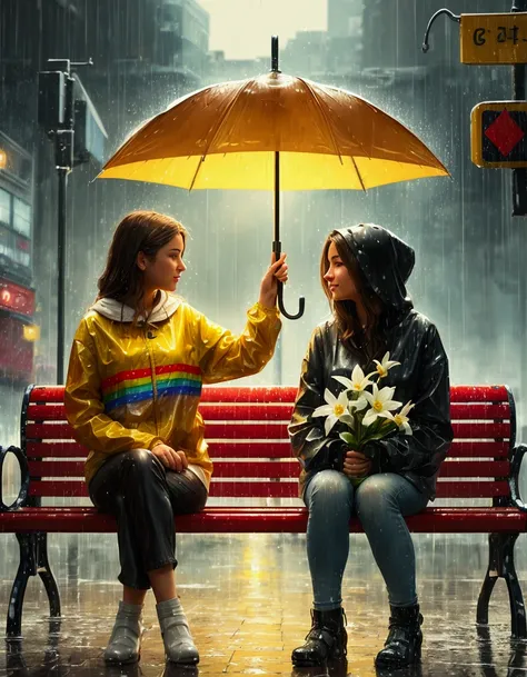 there are two women sitting on a bench in the rain, after rain and no girls, alena aenami and lilia alvarado, beautiful painting of friends, on a rainy day, rainy afternoon, under rain, rainy mood, in the rain, rainy day, rainy weather, lesbian art, just a...