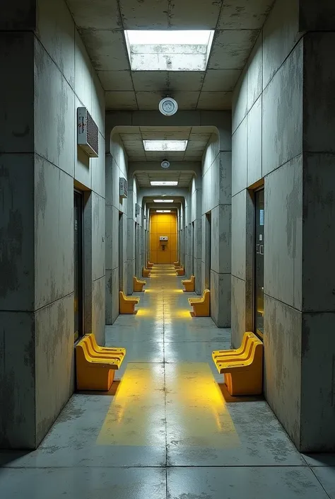  artwork image of a modern large bomb shelter for 1000 people,  underground concrete structure , artificial lighting ,  yellow indoor decoration elements 