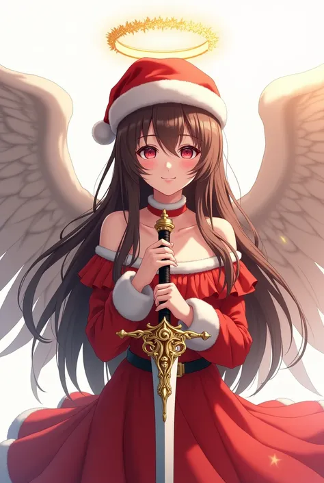 Anime female angel with a halo and Christmas hat and Christmas clothes and black wings and long brown hair holding a belly-length dagger on a white background