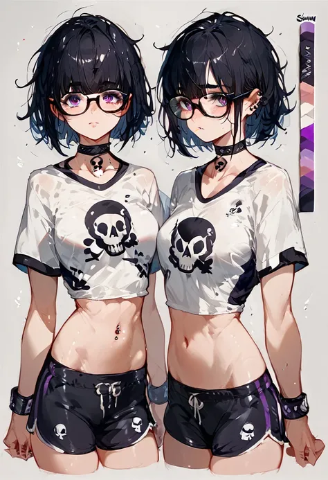 female, straight black hair, fringe covering purple eyes, slightly messy hair, sporty dolphin shorts, white t-shirt, hoodie, glasses, fitness bracelet, shy but expressive, relaxed and friendly atmosphere, character sheet, goth