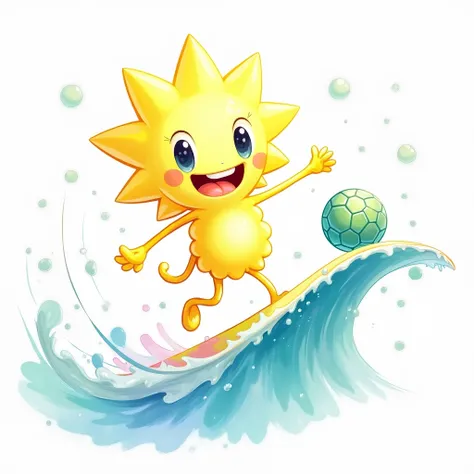 Create a whimsical, hand-drawn watercolor and ink-style illustration of Quarky surfing on a vibrant wave of light particles. Quarky is mid-surf, glowing in neon-yellow (#f4d03f) with a joyful expression, wide eyes, and a big, open smile. His noodle-like ar...