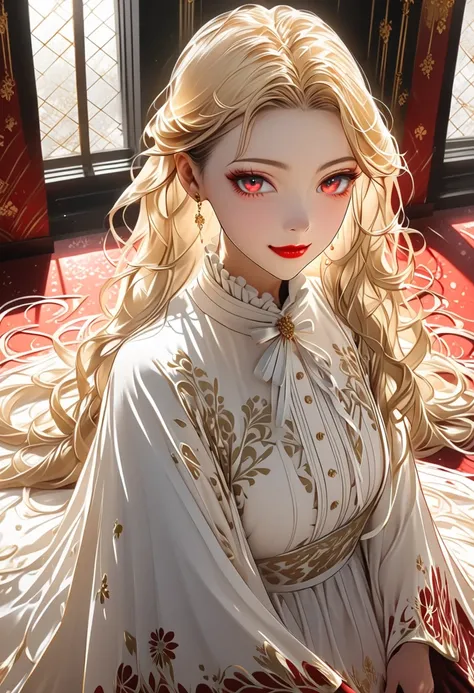 Fukamados Daughter 。 A beautiful blond woman who seems to have melted gold 。Droopy eyes。 crimson eyes that tend to stand down and are ephemeral 。Pale, soft skin like snow 。Cherry-colored lips。Red pattern on outer corner of eye。Mysterious and adorable 。ephe...