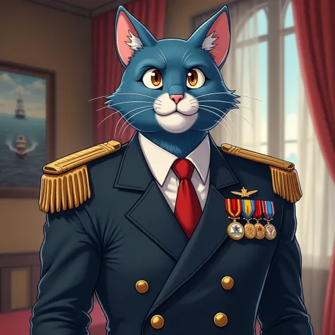 draw this a male anthropomorphic blue cat with brown eyes. He is a admiral and wears a naval uniform with red  tie and jacket and the chest full of medals  do it full body image in the ceremony hall with decoration with naval photos and ships