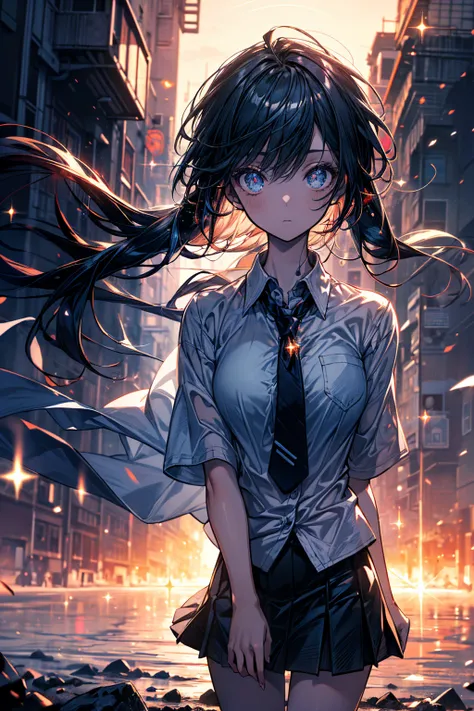 ((masterpiece,high quality,high resolution,detailed,best composition,moody lighting,photorealsitic)),a young girl,solo,the whole body,violet hair,twintail,sparkling eyes,short sleeve shirt,blue tie,mini-skirt,break,dawn sky,daybreak,(outside),dazzling sunr...