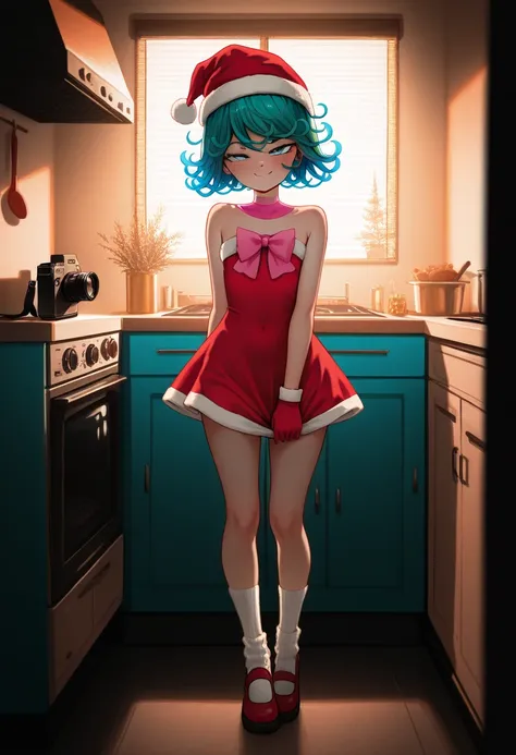 (( masterpiece ))  best quality , medium contrast, sky blue eyes, , 1 girl, thin, Blush,  teen body,  full body, no errors in the images ,  An anime girl, Christmas hat ,  pink and white gradient hair, (short hair), (( cinematographic lighting )), In the C...