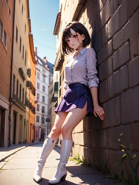 Girl in a purple short skirt ,  wearing long white boots.