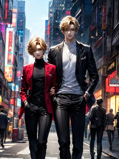 masterpiece,(bestquality),highlydetailed,ultra-detailed,1men,21 year old young man(glowingeyes:Red,:1.2,elongatedears:0.8),(Black Pants、Wear a burgundy  ショート丈カジュアルjacket :1.4)(Wear a knit underneath your jacket)（In the city）,( handsome、Handsome、Short blond...