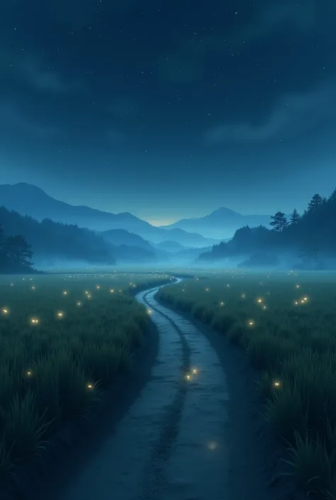 The path in the dry rice fields with faint star (without moon) at night, the rice fields are a bit fireflies, the rice fields are a little bit mysteriously foggy the scenery is beautiful, mysterious and slightly creepy.