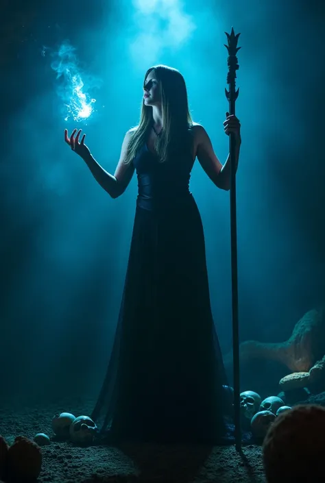 Photo, dark blue lighting, slender athletic goddess of death, pale skin, long light brown straight hair, stands in an epic divine majestic pose, chin raised, looks down at the viewer, magic in the second hand, majesty, blue light, holds a staff in her hand...