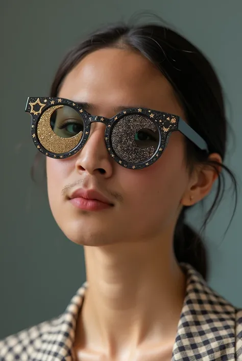 The model is wearing glass sunglasses with stars and the moon on the glass