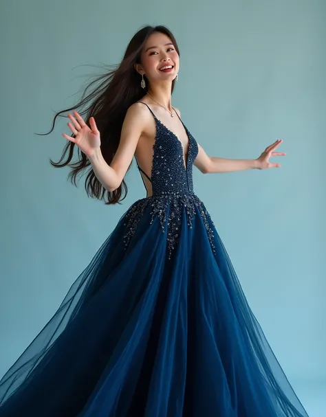 sexy exited Mongolian female, Wearing a dark blue evening dress with delicate details, long hair, exited posing, medium full body shot, high exposure, lighting photo, light shadows, studio light, light background, hyper-detailed, vibrant colors, photoreali...